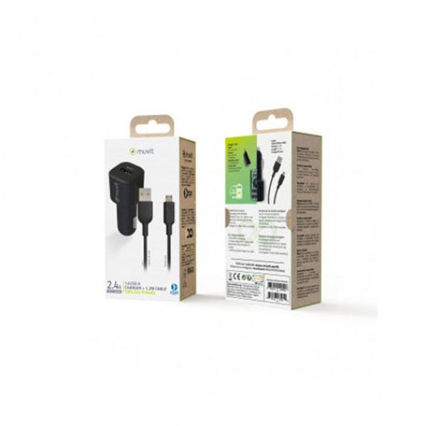 Pack cargador móvil coche usb 2.4a y cable micro usb para coche 2.4a 1,2m negro Muvit for change