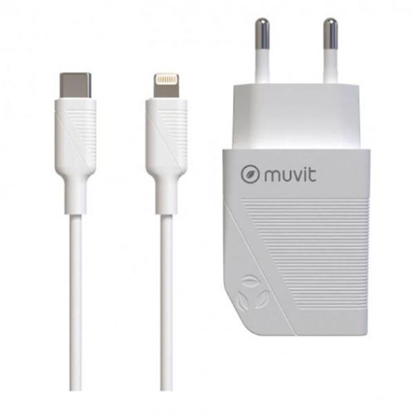 Pack transformador tipo c pd 20w + cable tipo c a lightning 2.4a 1m blanco Muvit for change